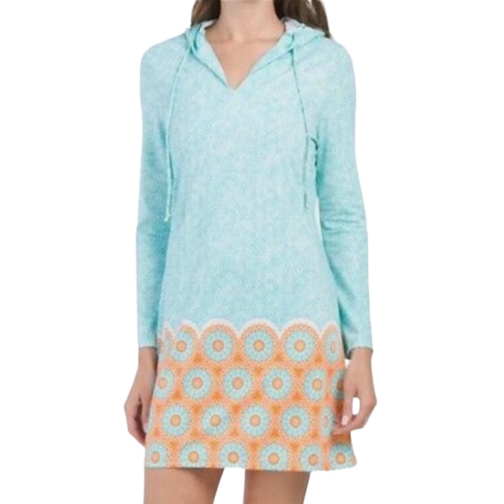 Cabana Life Aqua Citrus Hooded Long Sleeve UPF 50 Swim Cover-Up Dress Size Med